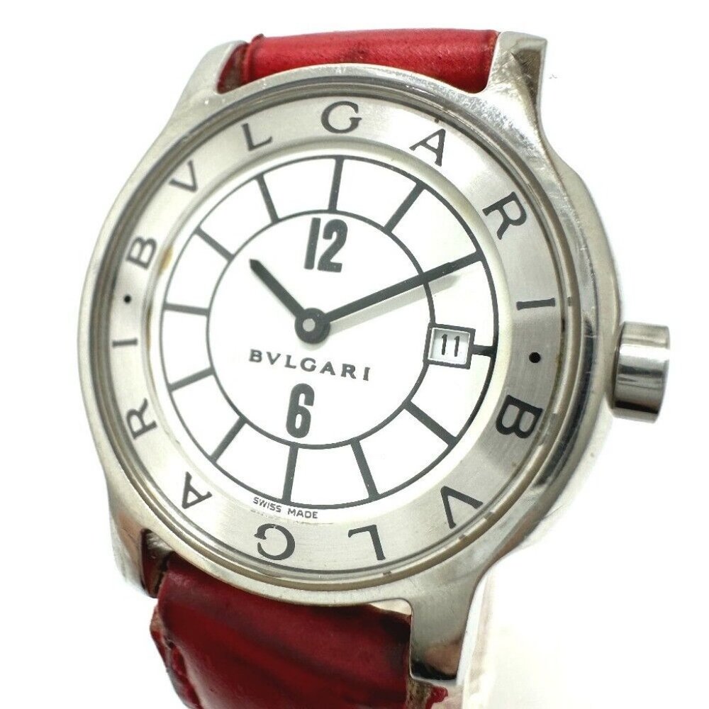BVLGARI Solo tempo Quartz Date Wristwatch SS / Leather belt Silver/red belt